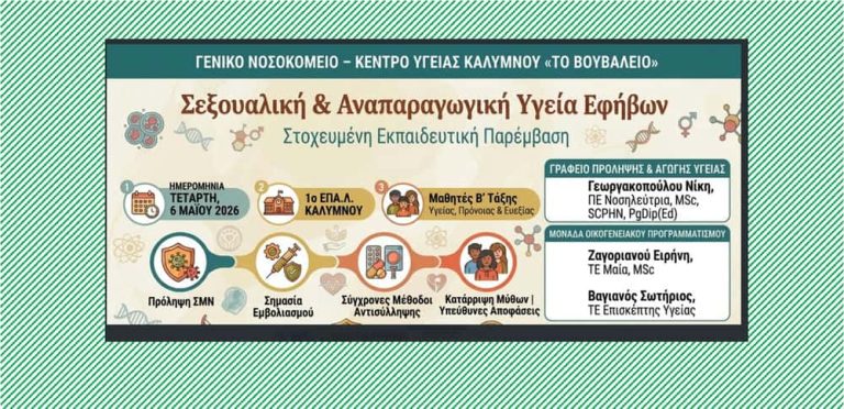Ενημερωτική Δράση του Γ.Ν.-Κ.Υ. Καλύμνου”Το Βουβάλειο” στο 1ο ΕΠΑ.Λ. Καλύμνου για τη Σεξουαλική και Αναπαραγωγική Υγεία των Εφήβων.